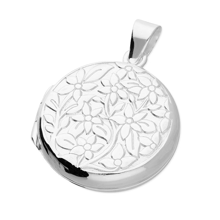 Silver Flowers Round Locket and Chain - John Ross Jewellers