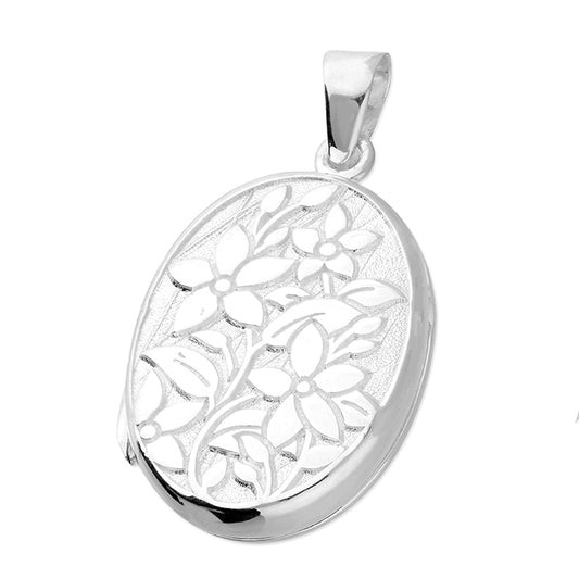 Silver Flowers Oval Locket and Chain - Small - John Ross Jewellers