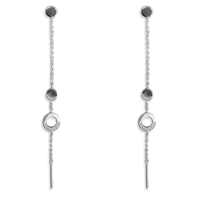 Silver Long Drop Earrings with CZ Set Circle - John Ross Jewellers