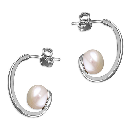 Silver Pearl Half Hoop Earrings - John Ross Jewellers