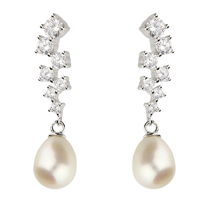 Silver CZ Modern Pearl Drop Earrings - John Ross Jewellers