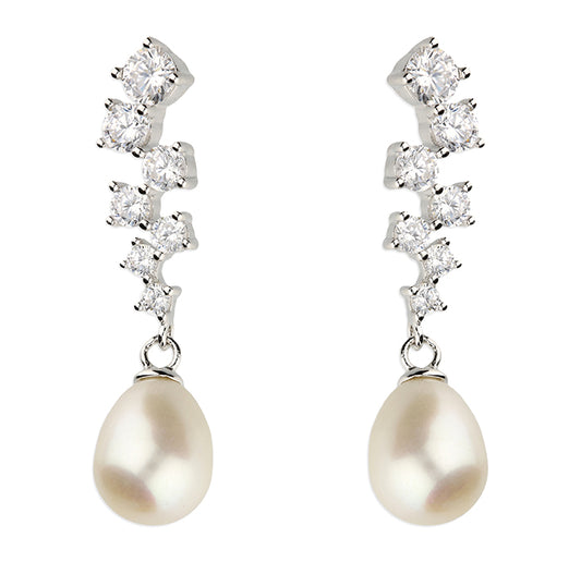 Silver CZ Modern Pearl Drop Earrings - John Ross Jewellers