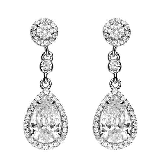 Silver Cz Halo Pear Halo Drop Earrings - John Ross Jewellers