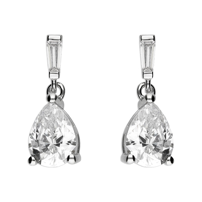 Silver Baguette & Pear CZ Drop Earrings - John Ross Jewellers