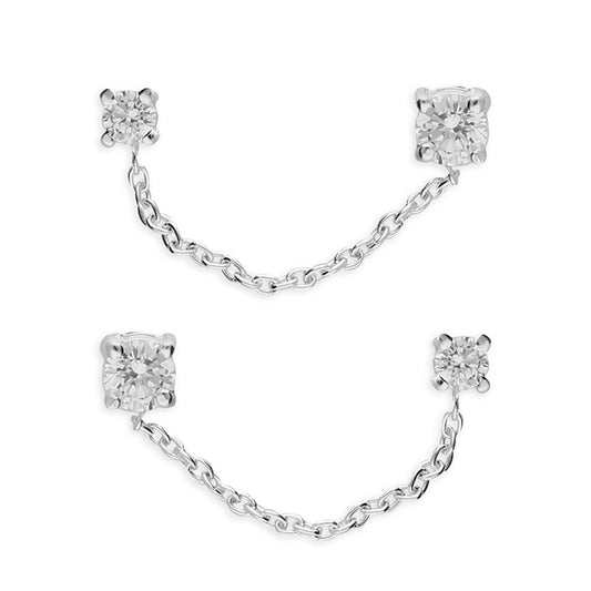 Ear Candy Silver Double CZ & Chain Stud Earrings - John Ross Jewellers