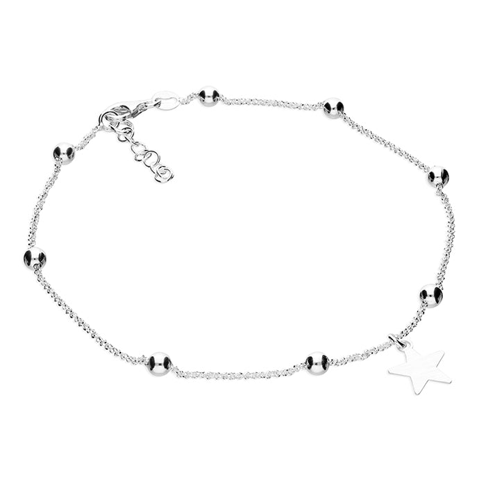 Silver Anklet - Star Charm & Beads | 25cm - John Ross Jewellers