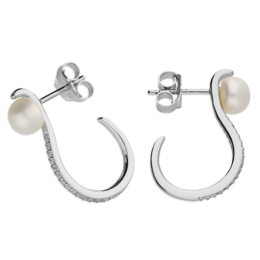 Silver Pearl & CZ Half Hoop Earrings - John Ross Jewellers