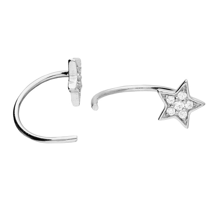 Silver CZ Star Pull Through Hoop Earrings 8mm - John Ross Jewellers