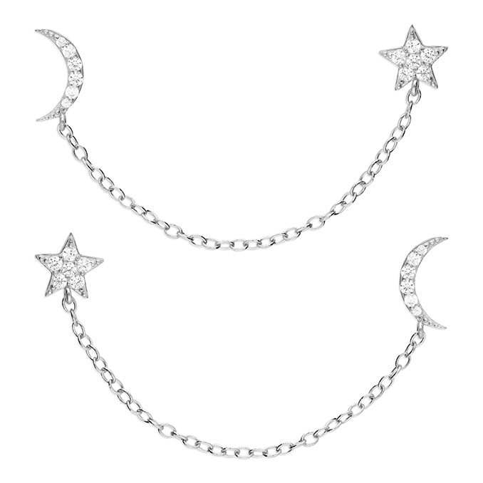 Silver CZ Moon & Star & Chain Stud Earrings - John Ross Jewellers