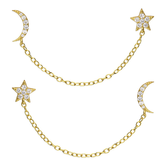 Sunshine Double Moon & Star & Chain Stud Earrings - John Ross Jewellers