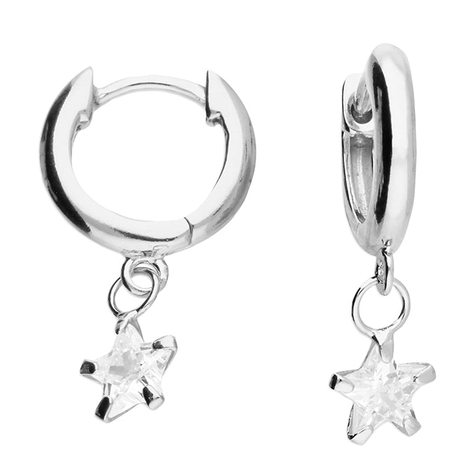 Silver CZ Star Charm Huggie Hoop Earrings | 8mm - John Ross Jewellers