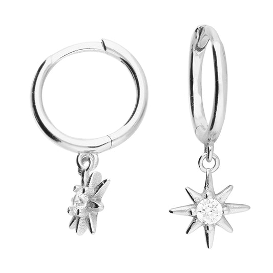 Silver CZ Compass Star Charm Huggie Hoop Earrings | 11mm - John Ross Jewellers