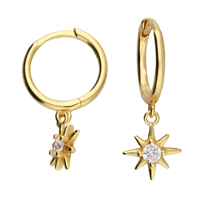 Sunshine CZ Compass Star Charm Huggie Hoop Earrings | 11mm - John Ross Jewellers