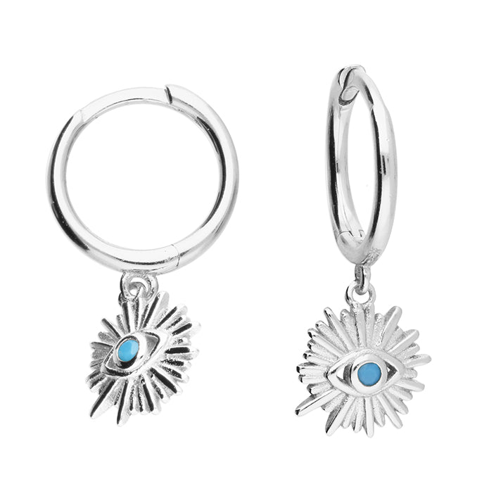 Silver Turquoise CZ Eye Charm Huggie Hoop Earrings - John Ross Jewellers