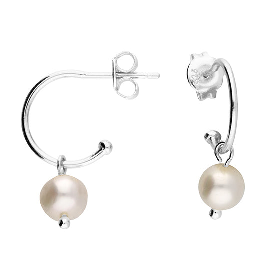 Silver Freshwater Pearl Charm Mini Hoop Earrings - John Ross Jewellers
