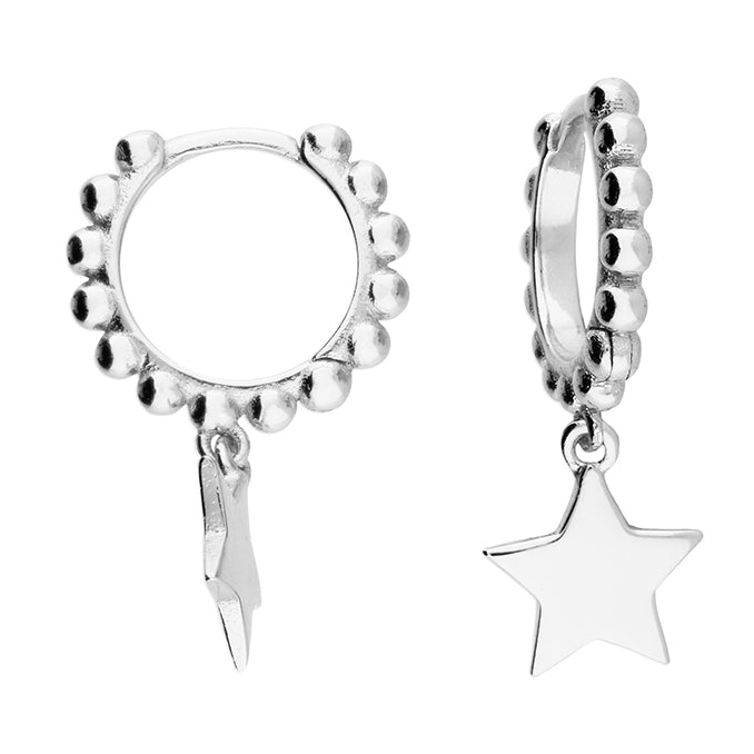 Silver Beaded Star Charm Huggie Hoop Earrings | 13mm - John Ross Jewellers