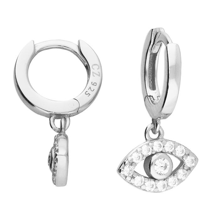 Silver CZ Evil Eye Charm Huggie Hoop Earrings | 10mm - John Ross Jewellers