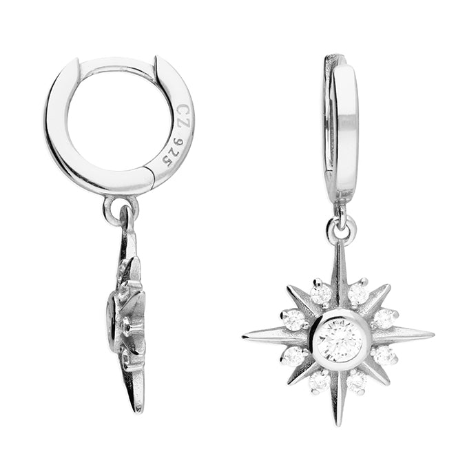 Silver CZ Compass Star Charm Huggie Hoop Earrings | 10mm - John Ross Jewellers