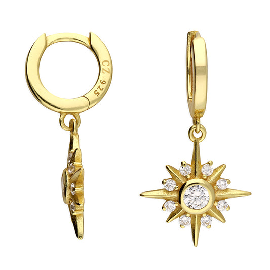 Sunshine CZ Compass Star Charm Huggie Hoop Earrings | 10mm - John Ross Jewellers