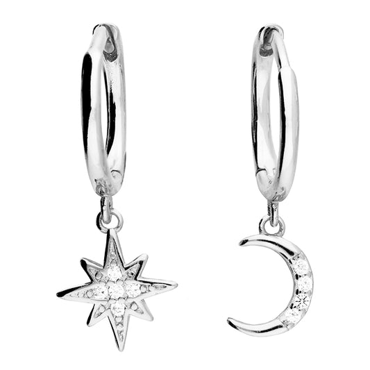 Silver CZ Moon & Star Charm Huggie Hoop Earrings | 10mm - John Ross Jewellers