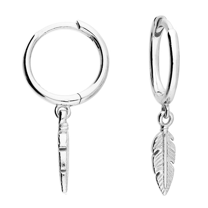 Silver Feather Charm Huggie Hoop Earrings | 10mm - John Ross Jewellers