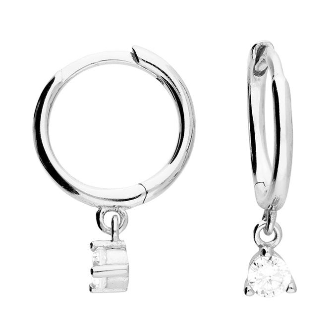 Silver CZ Solitaire Charm Huggie Hoop Earrings | 10mm - John Ross Jewellers