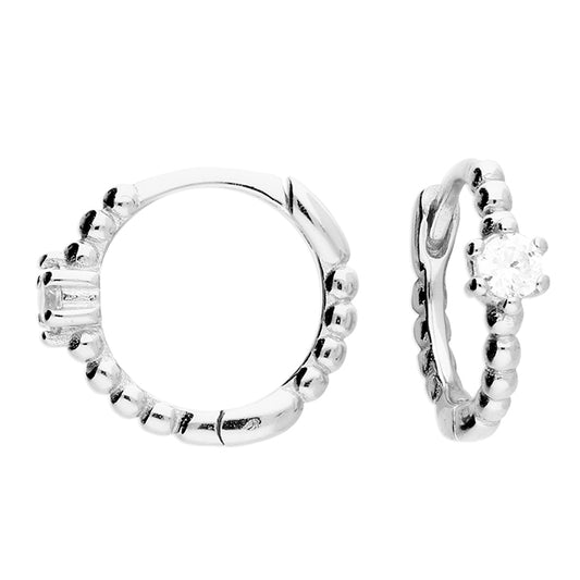 Silver Fine CZ Set Beaded Huggie Hoop Earrings - John Ross Jewellers