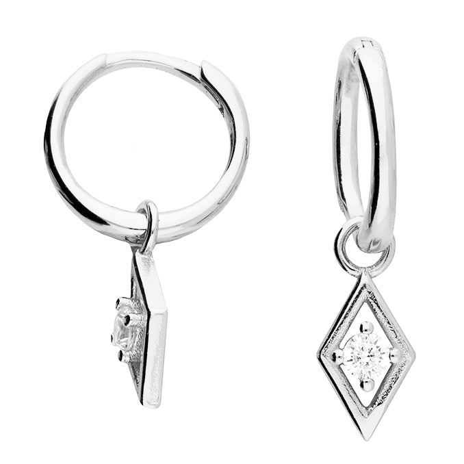 Silver CZ Kite Charm Huggie Hoop Earrings - John Ross Jewellers