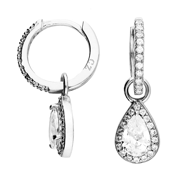 Silver 11mm CZ Huggie Hoop Earrings | Pear Halo Charm - John Ross Jewellers