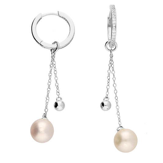 Silver Freshwater Pearl & Bead Chain Drop Hoop Earrings - John Ross Jewellers