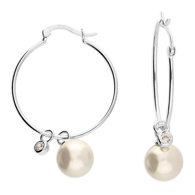 Silver Pearl & CZ Hoop Earrings | 28mm - John Ross Jewellers