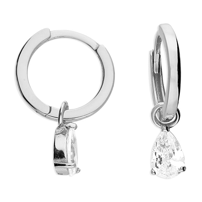 Silver Pear CZ Charm Huggie Hoop Earrings - John Ross Jewellers