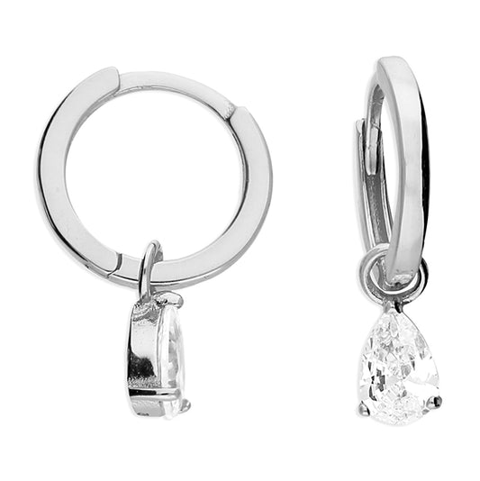 Silver Pear CZ Charm Huggie Hoop Earrings - John Ross Jewellers