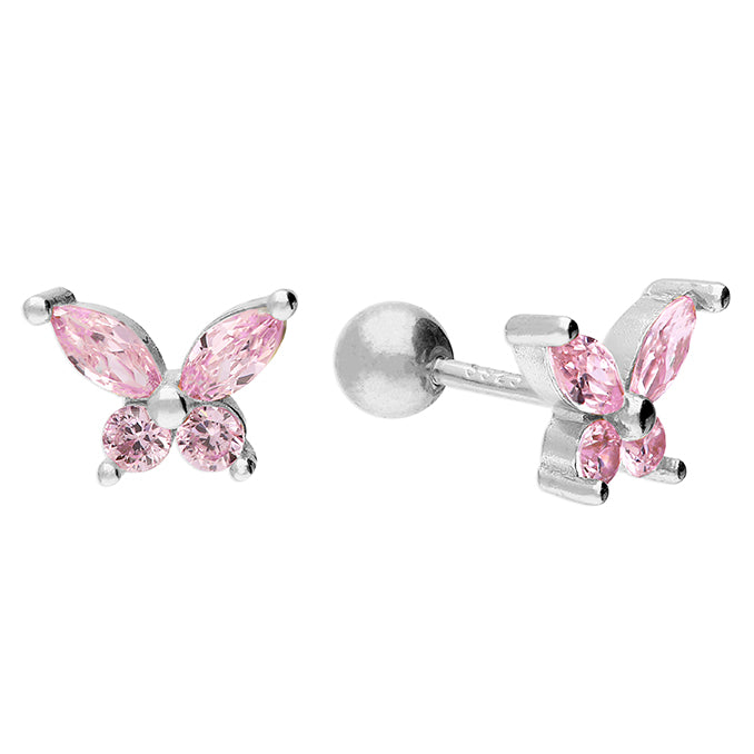Silver CZ Pink Butterfly Stud Earrings | Screw Backs - John Ross Jewellers
