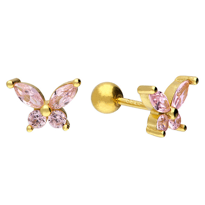 Sunshine CZ Pink Butterfly Stud Earrings | Screw Backs - John Ross Jewellers