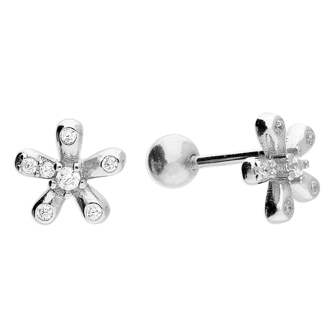 Silver Tiny CZ Flower Stud Earrings | Screw Backs - John Ross Jewellers