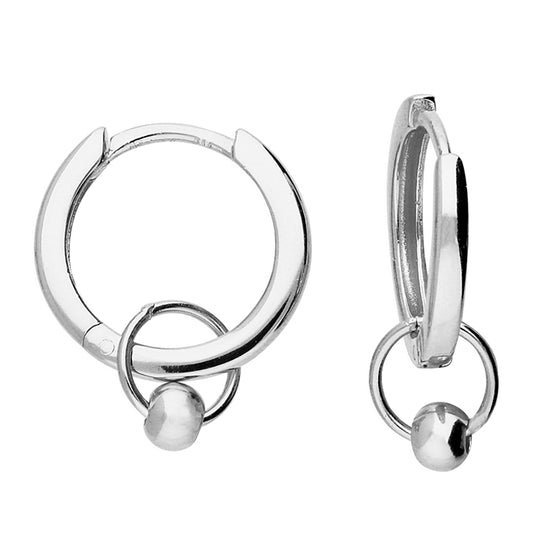 Silver Bead Charm Huggie Hoop Earrings | 12mm - John Ross Jewellers