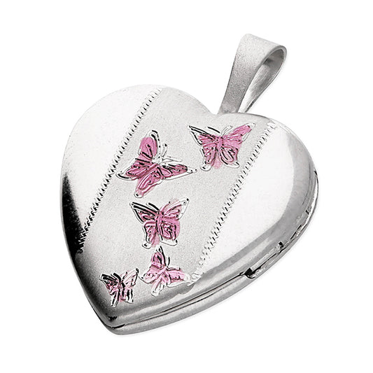 Silver Pink Butterflies Locket and Chain - John Ross Jewellers