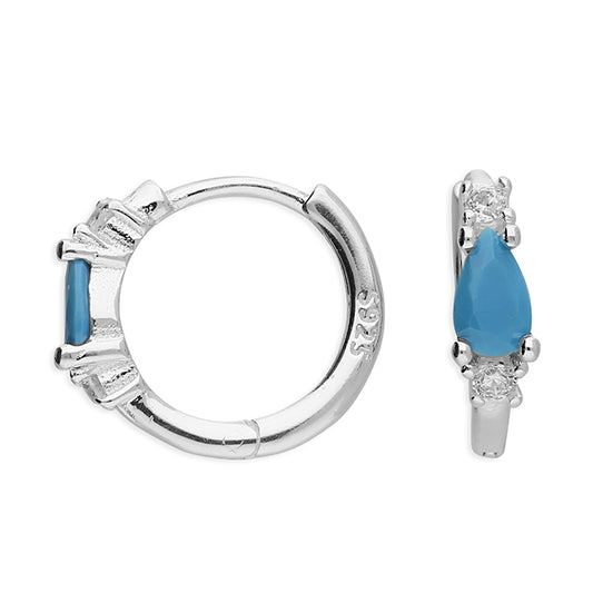 Silver Pear Turquoise & CZ Huggie Hoop Earrings | 10mm - John Ross Jewellers
