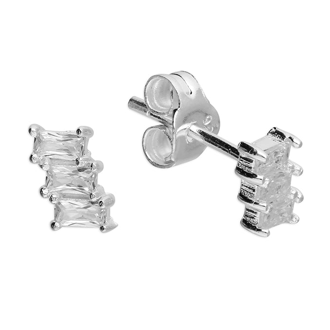 Silver CZ Baguette Trio Stud Earrings - John Ross Jewellers