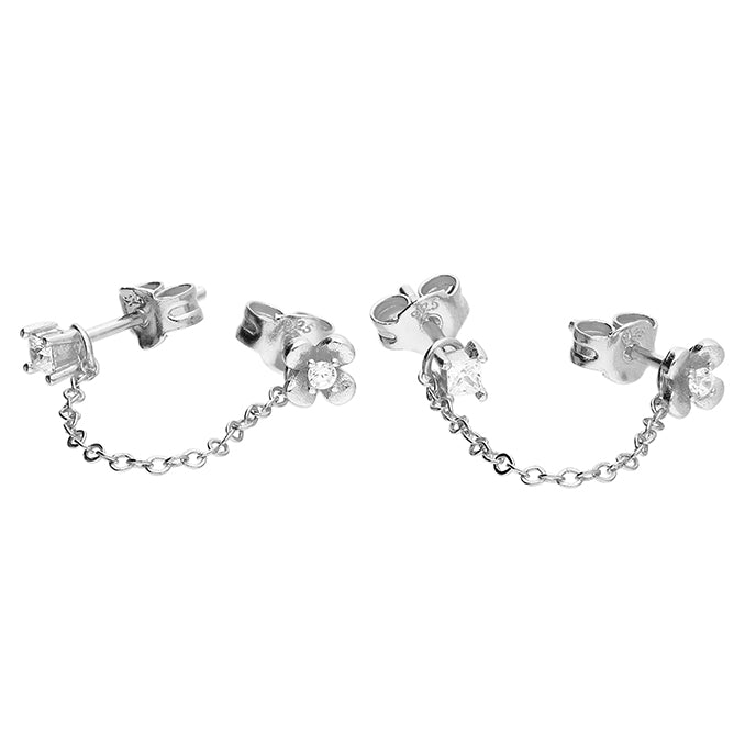 Silver Flower & CZ Chain Stud Earrings - John Ross Jewellers