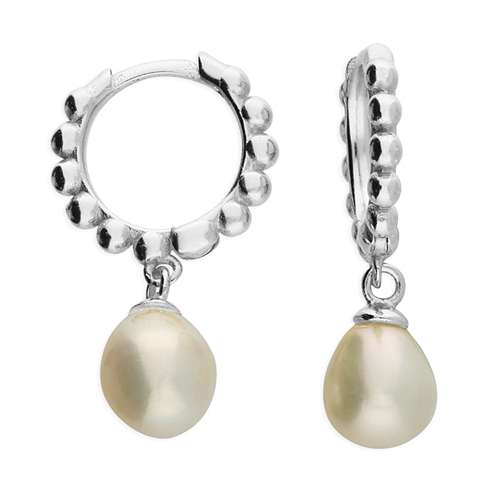 Silver Freshwater Pearl Beaded Huggie Hoop Earrings | 10mm - John Ross Jewellers