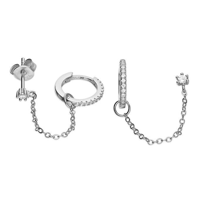 Silver CZ Stud Earrings with Chained CZ Huggie Hoops - John Ross Jewellers