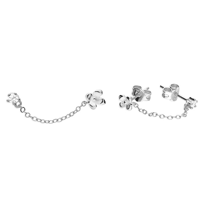 Silver Flower & CZ Chain Stud Earrings - John Ross Jewellers