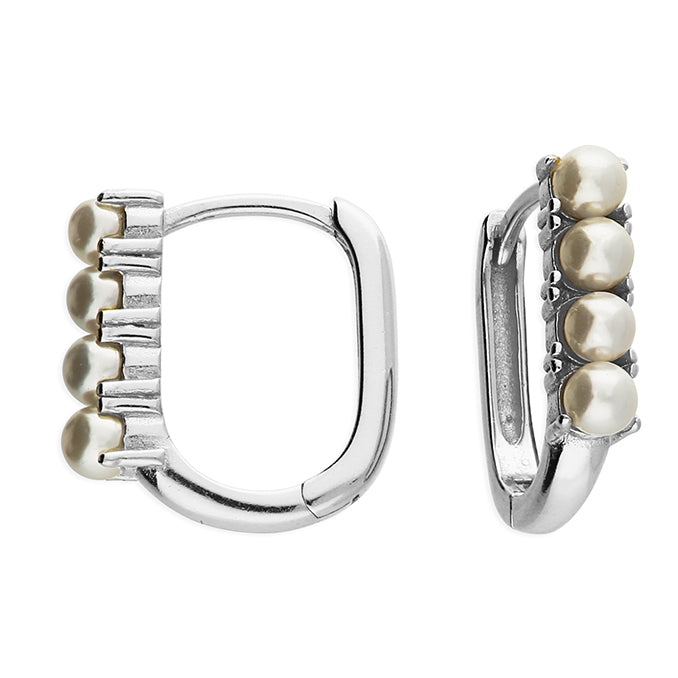 Silver Pearl Rectangular Huggie Hoop Earrings - John Ross Jewellers