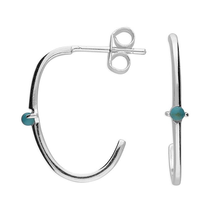 Silver Synthetic Turquoise Solitaire J Hoop Earrings | 19mm - John Ross Jewellers