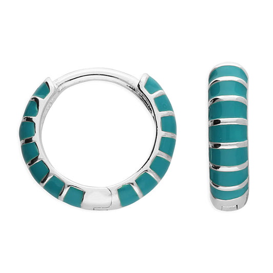 Silver Turquoise Blue Enamel Striped Huggie Hoop Earrings | 12mm - John Ross Jewellers