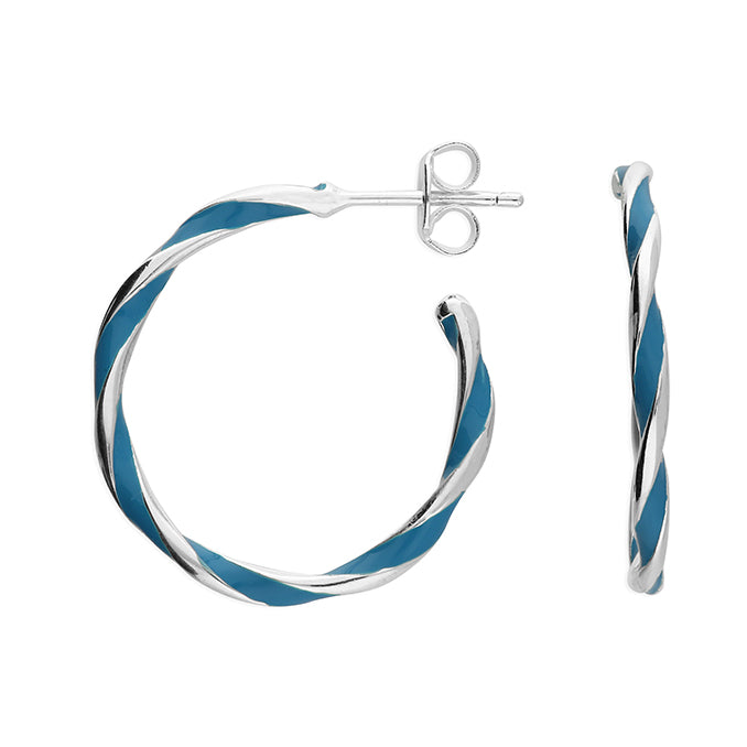 Silver Turquoise Enamel Twist Hoop Earrings | 24mm - John Ross Jewellers