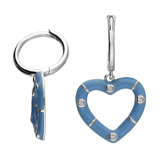 Silver Blue Enamel Heart Huggie Hoop Earrings - John Ross Jewellers