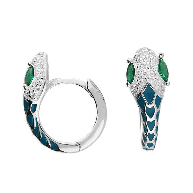 Silver Blue Enamel & Green Eyed Serpent Huggie Hoop Earrings - John Ross Jewellers